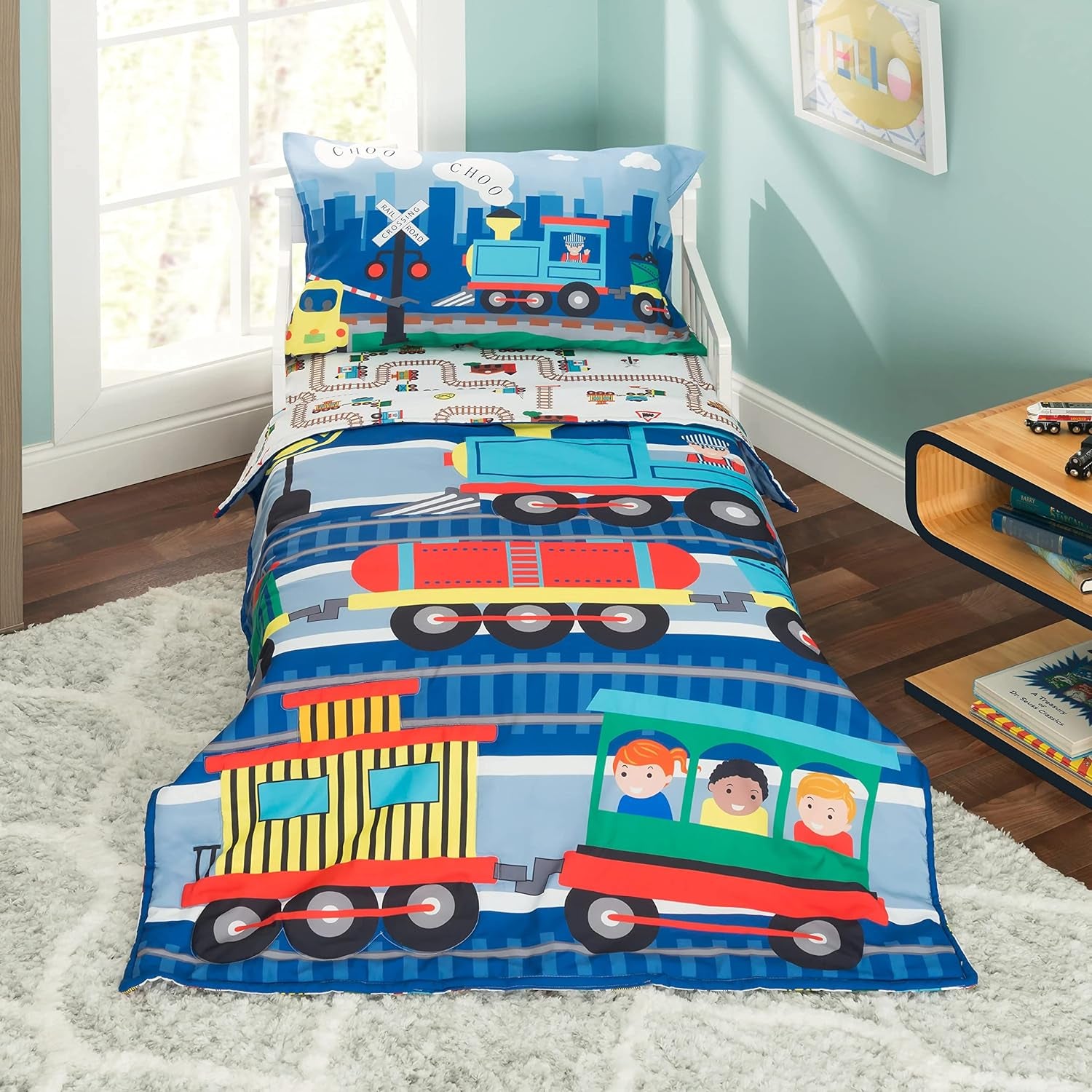 4 Piece Toddler Bedding Set -Choo Choo Train- Includes Comforter, Flat Sheet, Fitted Sheet and Reversible Pillowcase