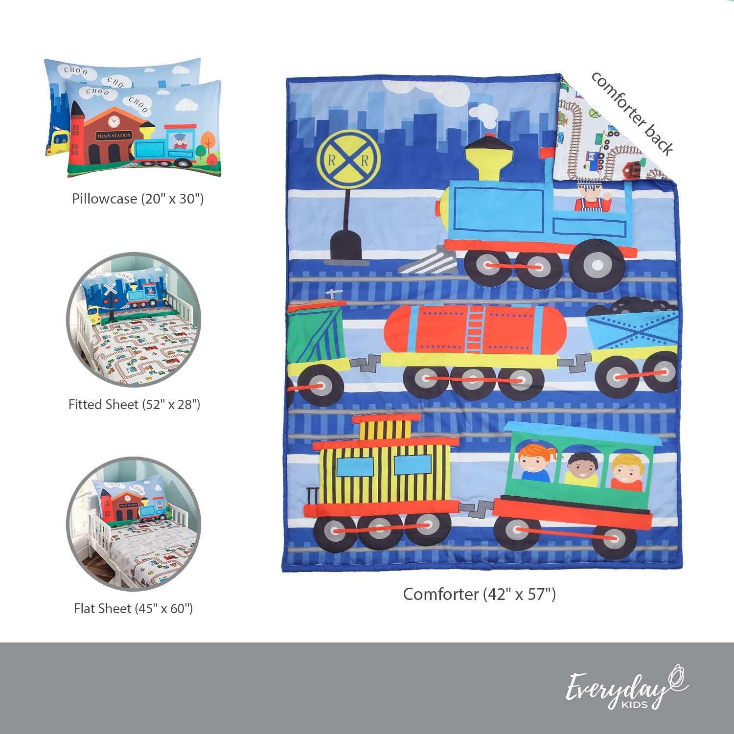 4 Piece Toddler Bedding Set -Choo Choo Train- Includes Comforter, Flat Sheet, Fitted Sheet and Reversible Pillowcase