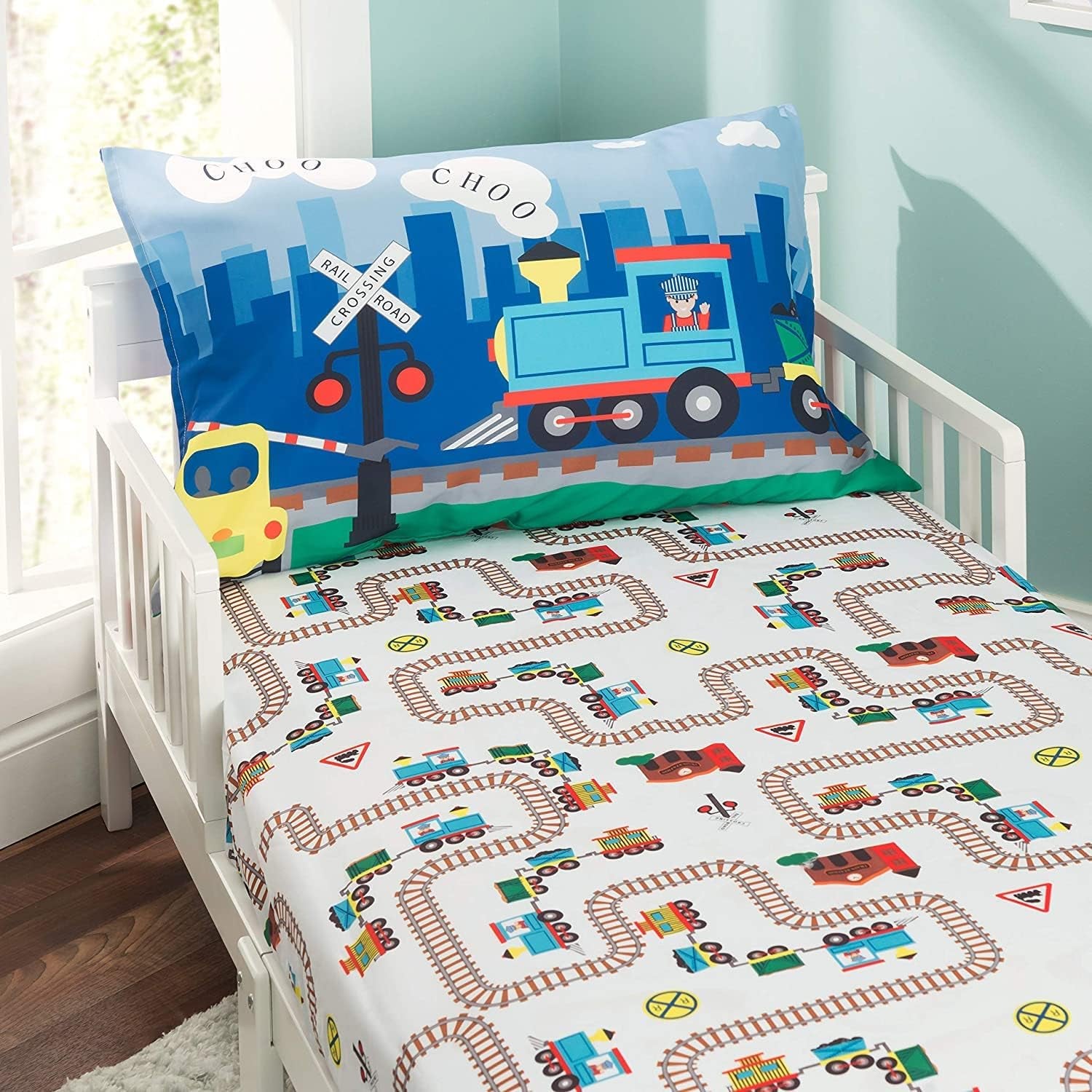 4 Piece Toddler Bedding Set -Choo Choo Train- Includes Comforter, Flat Sheet, Fitted Sheet and Reversible Pillowcase