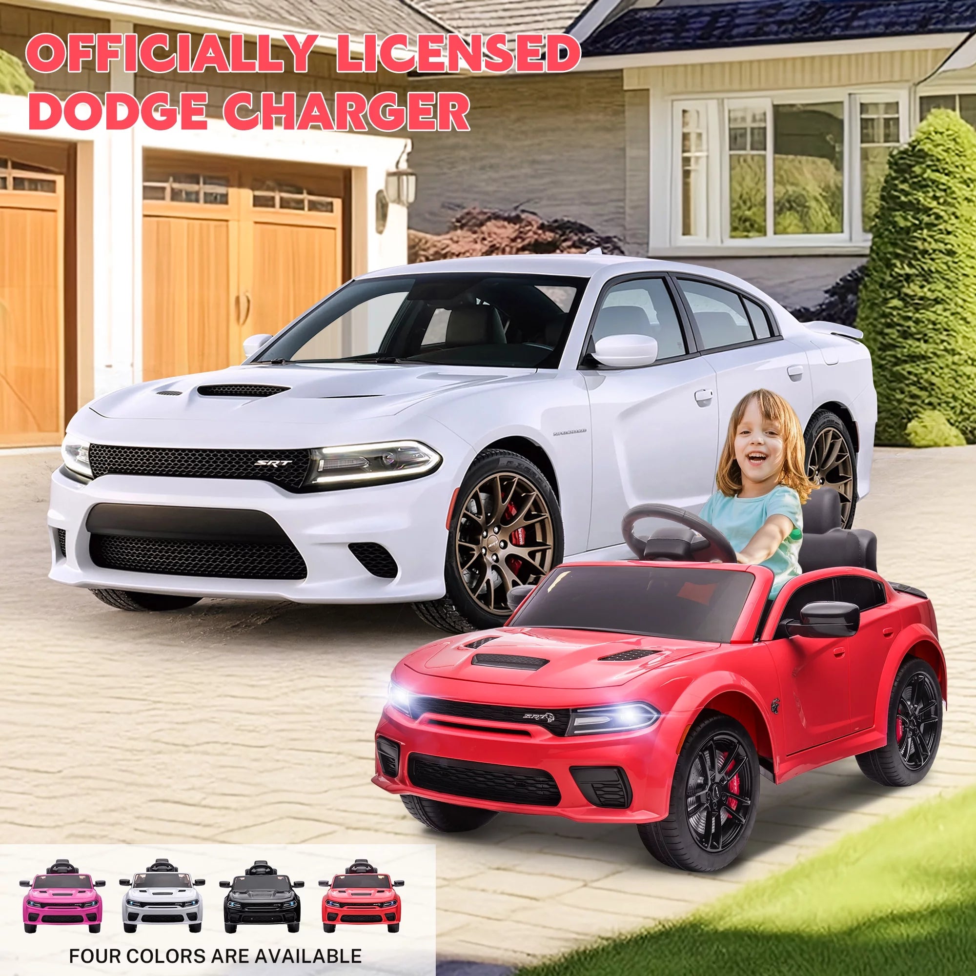 Dodge Electric Ride on Cars for Kids, 12V Licensed Dodge Charger SRT Powered Ride on Toys Cars with Parent Remote Control, Electric Car for Girls 3-5 W/Music Player/Led Headlights/Safety Belt, White