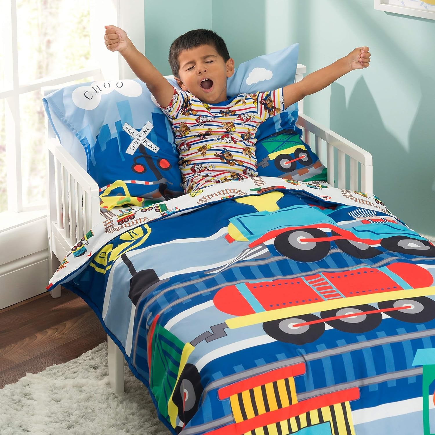 4 Piece Toddler Bedding Set -Choo Choo Train- Includes Comforter, Flat Sheet, Fitted Sheet and Reversible Pillowcase